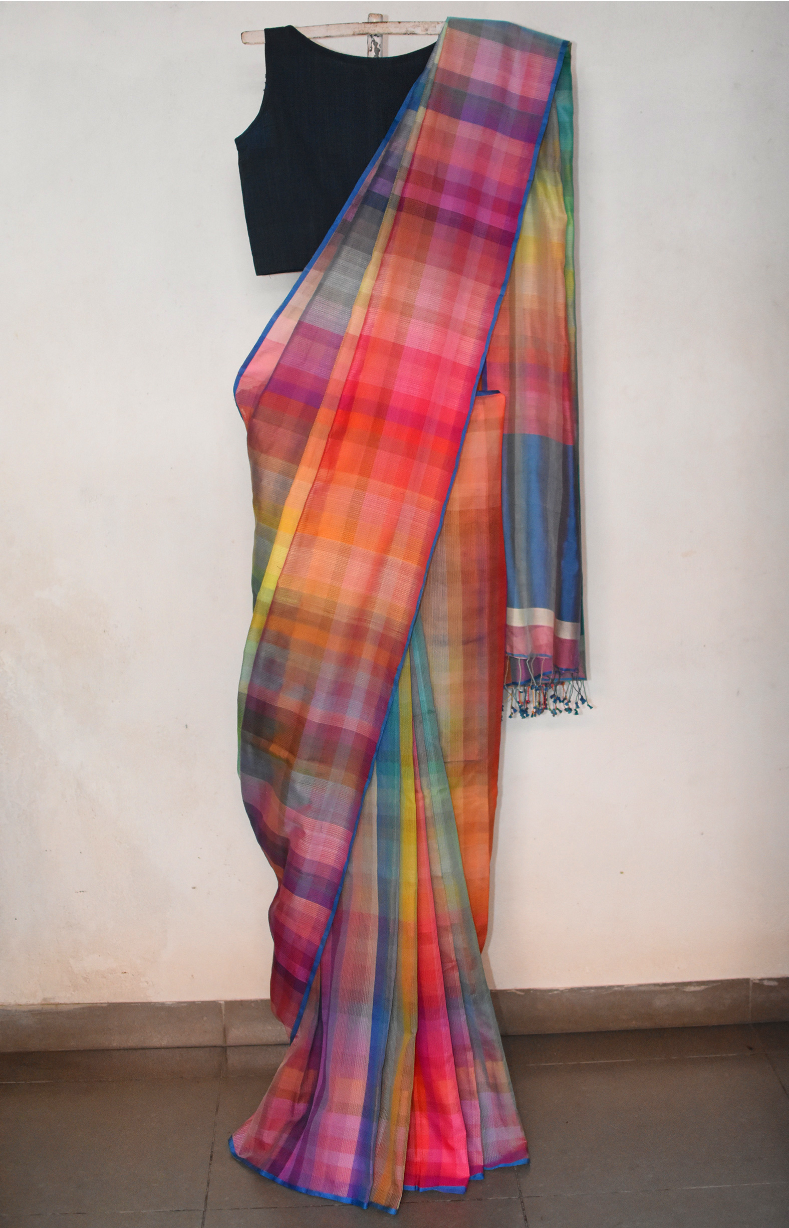 The 6400 colour ,Multicolour,  Rainbow,Handwoven Organic Cotton, Textured Weave , Jacquard, Work Wear, Checked Saree